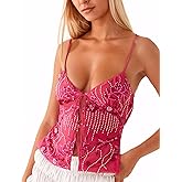 Ythomm Women Sequin Cami Tank Tops Sparkle Rhinestone Sleeveless Camisole Tie Up Front Backless Y2k Crop Tops Summer Clubwear