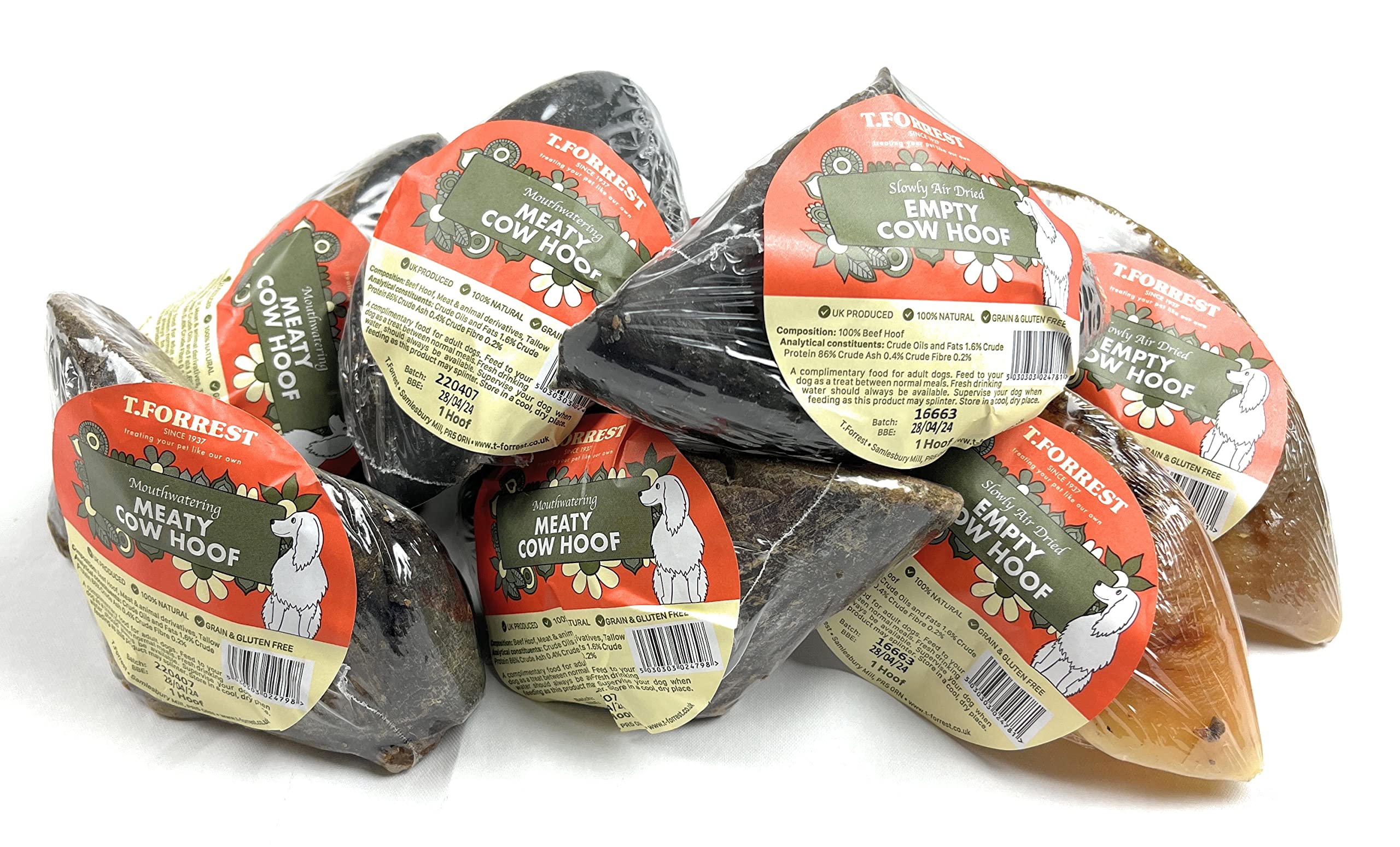 T forrest 8 x 100% Natural, Air Dried Mixed Dog Treats - 4 x Meat Filled Hooves, 4 x Empty Hooves - Produced in UK