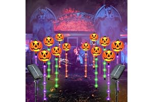 SANJICHA 12-Pack Pumpkin Solar Lights for Outdoor Halloween Decorations, Green Orange and Purple Halloween Lights, Light up Jack O Lantern Pumpkins, Solar Garden Lights for Pathway Yard Party Decor