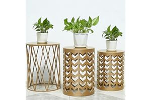 HFHOME Set of 3 Metal Side End Tables Nightstand, Nesting Round Coffee Table for Indoor Outdoor, Heavy Duty Metal Plant Stand Living Room Garden Stool - Golden (Ship from US)