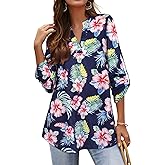 Ezcosplay Notch V Neck 3/4 Length Sleeve Womens Tops Floral Print Hawaiian Shirt Blouses Dressy Casual Tunics
