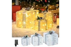 TISEJOY Christmas Lighted Gift Boxes10，Set of 3 Pre-lit 60 LED Warm White Tinsel Present Boxes for Christmas Decorations Indoor Outdoor Yard Tree Home Decor