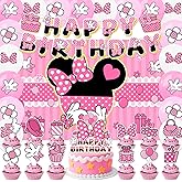42pcs Pink Mouse Birthday Party Decorations Includes Cake Toppers,Cupcake Toppers, Banner, Backdrop, Balloons - Cute Mouse Theme Party Supplies Set for Baby Shower