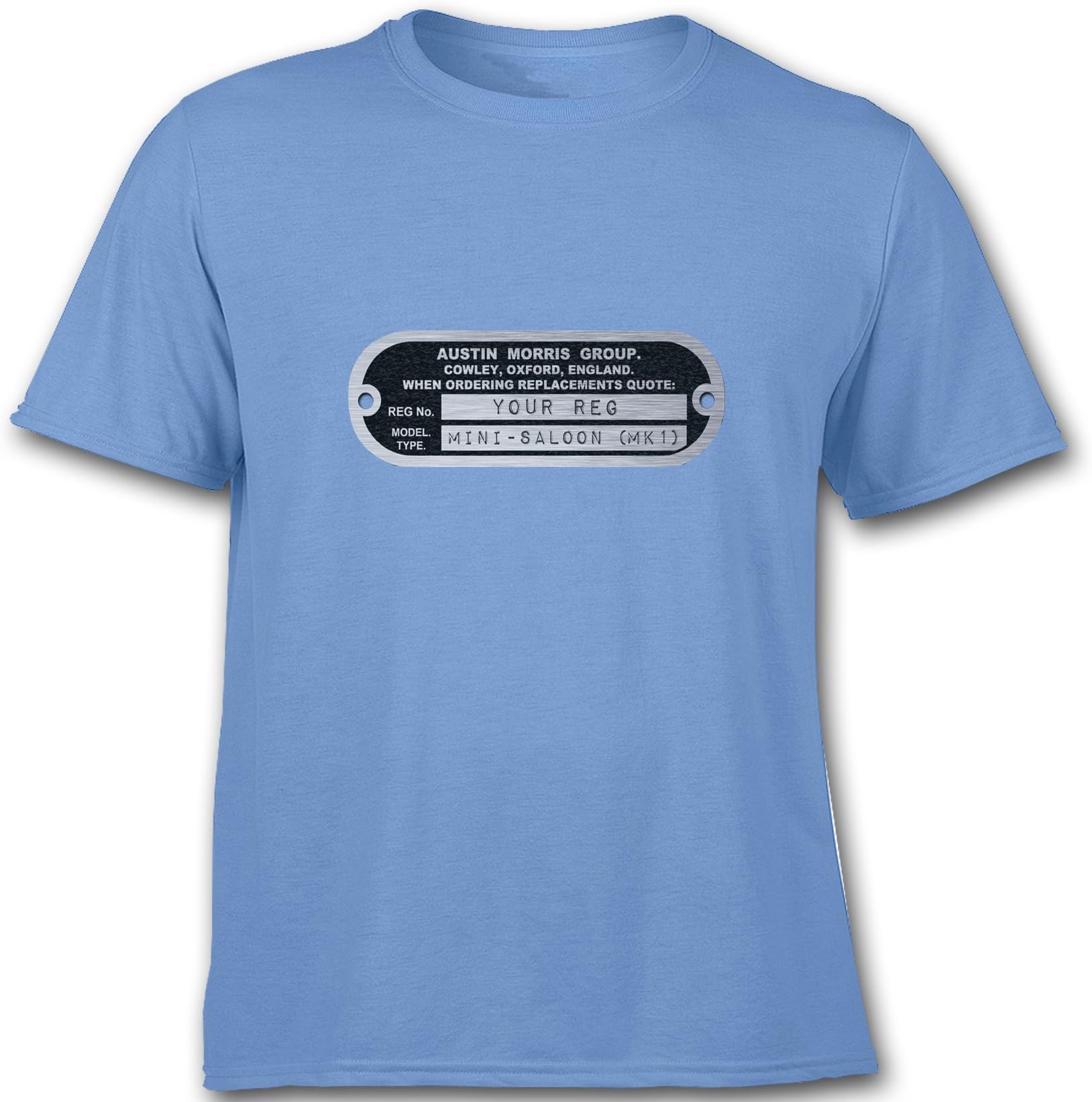 Austin Morris MINI Chassis Plate T-Shirt *PERSONALISED* Model & Reg Plate (1959-1970) (XL, Carolina Blue)