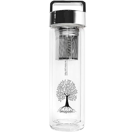 amapodo Teekanne Glas 400 ml doppelwandig mit Edelstahl Tee Sieb & Deckel silber - Teeflasche, Teebereiter, Trinkflasche, Was