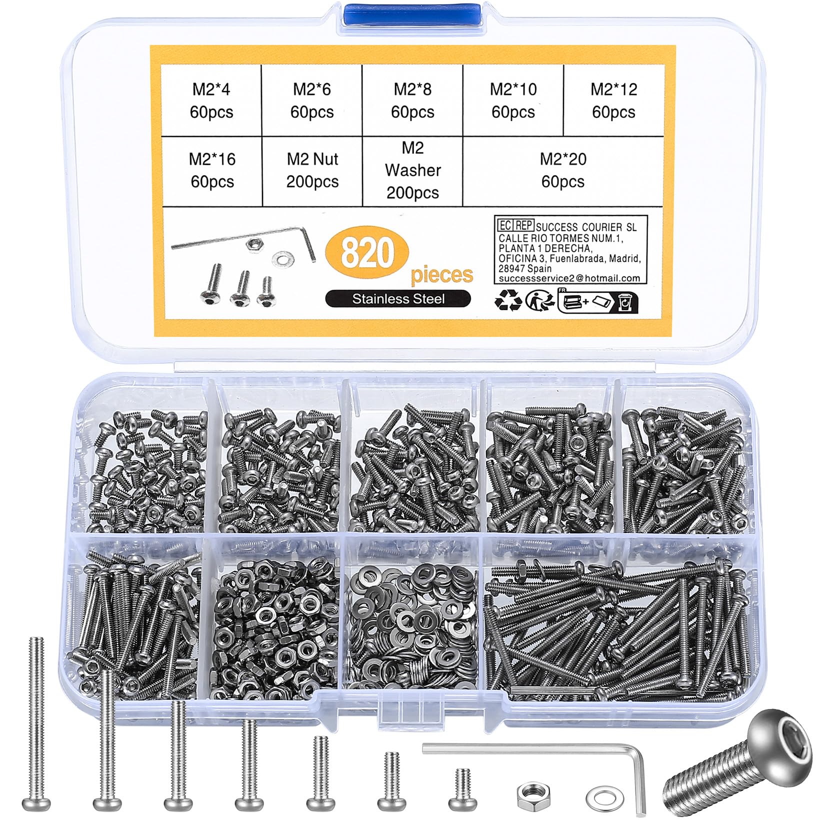 304 Stainless Steel M2 Button Head & Cap Screws, Hex & Pan Head Bolts, Nuts & Washers Set, 820 Pcs