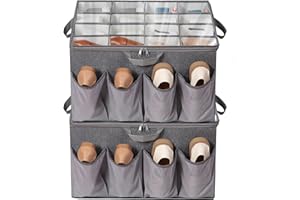 STORAGEIDEAS Shoe Organizer for Closet, Shoe Storage Solution with Clear Cover & Adjustable Dividers, Fabric Shoe Box Fits 16 +8 Pairs Shoes, Grey, 2-Pack