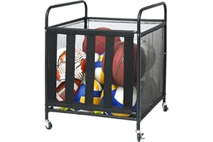 RANXFLOAT Outdoor Toy Storage Ball Storage Rack, Sports Ball Storage Cart with Wheels and Handles, Metal Sport Equipment Organizer Rack with Elastic Straps for Garage, Gym or Playground, Black