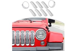 CheroCar for JK Mesh Grille Grill Insert & Headlight Cover Trim Exterior Accessories for Jeep Wrangler JK 2007-2017,Chrome…