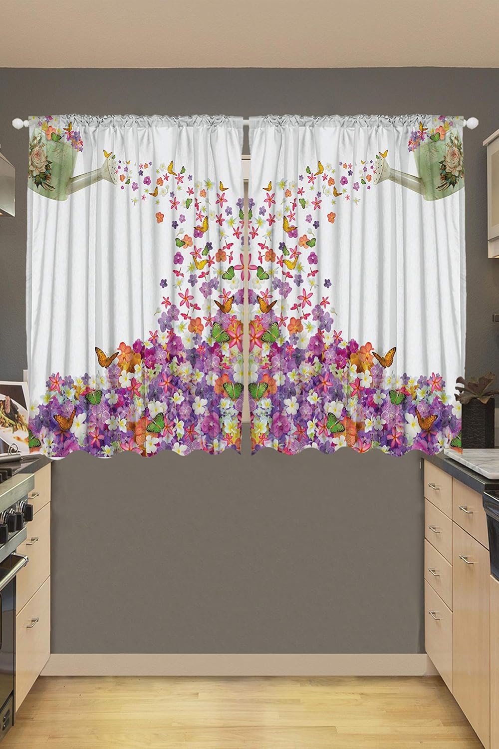 Ambesonne Kitchen Curtains, Flowers in The Pot and Flower Water Pail 55 W X 39 L Inch Window Kitchen Dining Room 2 Panels Curtains Pink Floral Vintage French Country Decorations Design Home Decor