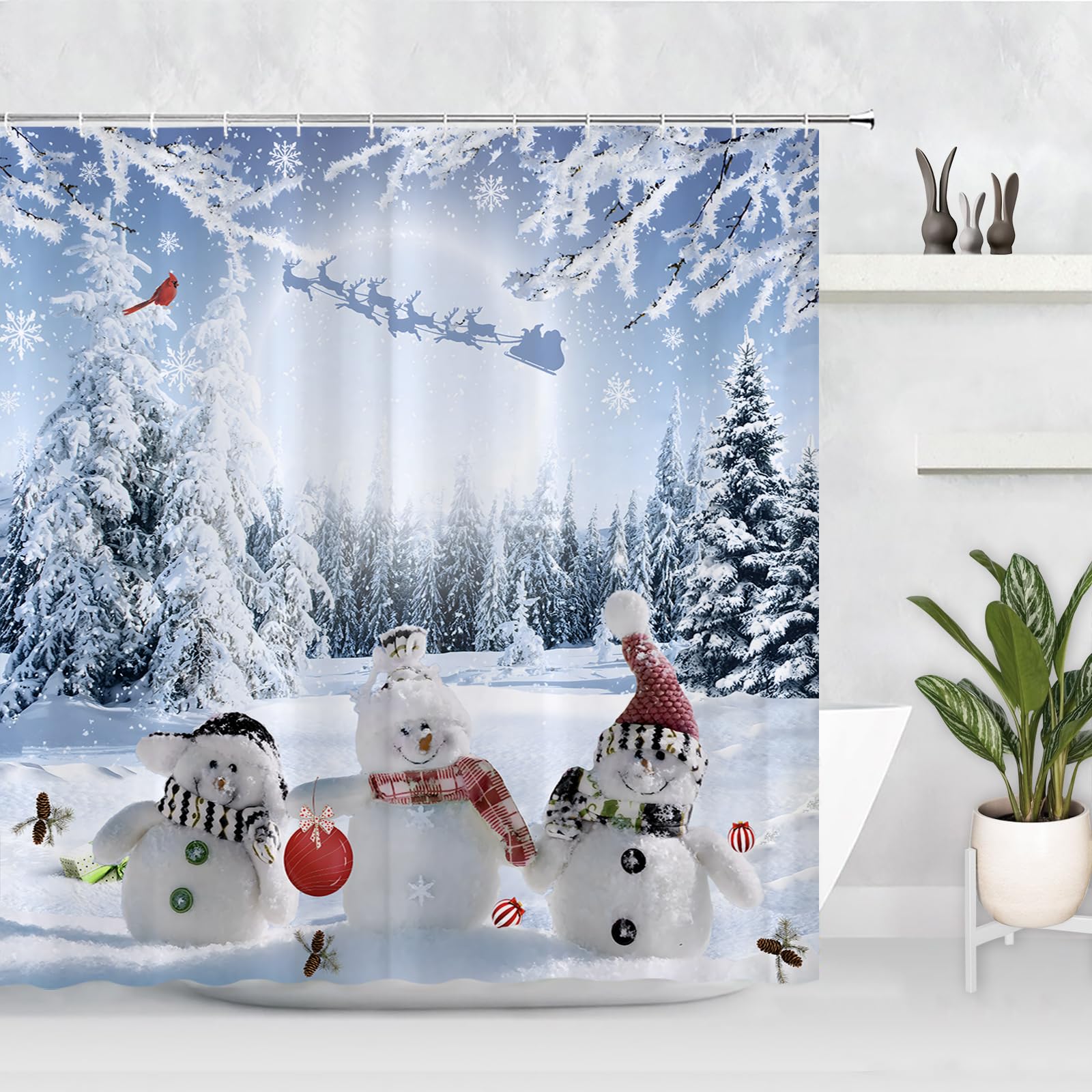 Gaakvrr Farmhouse Winter Christmas Shower Curtain, Cute Snowman Snow Forest Pine Tree Scene Shower Curtain for Bathroom Rustic Xmas Snowflake Holiday Bathroom Accessories Polyester 180x180cm