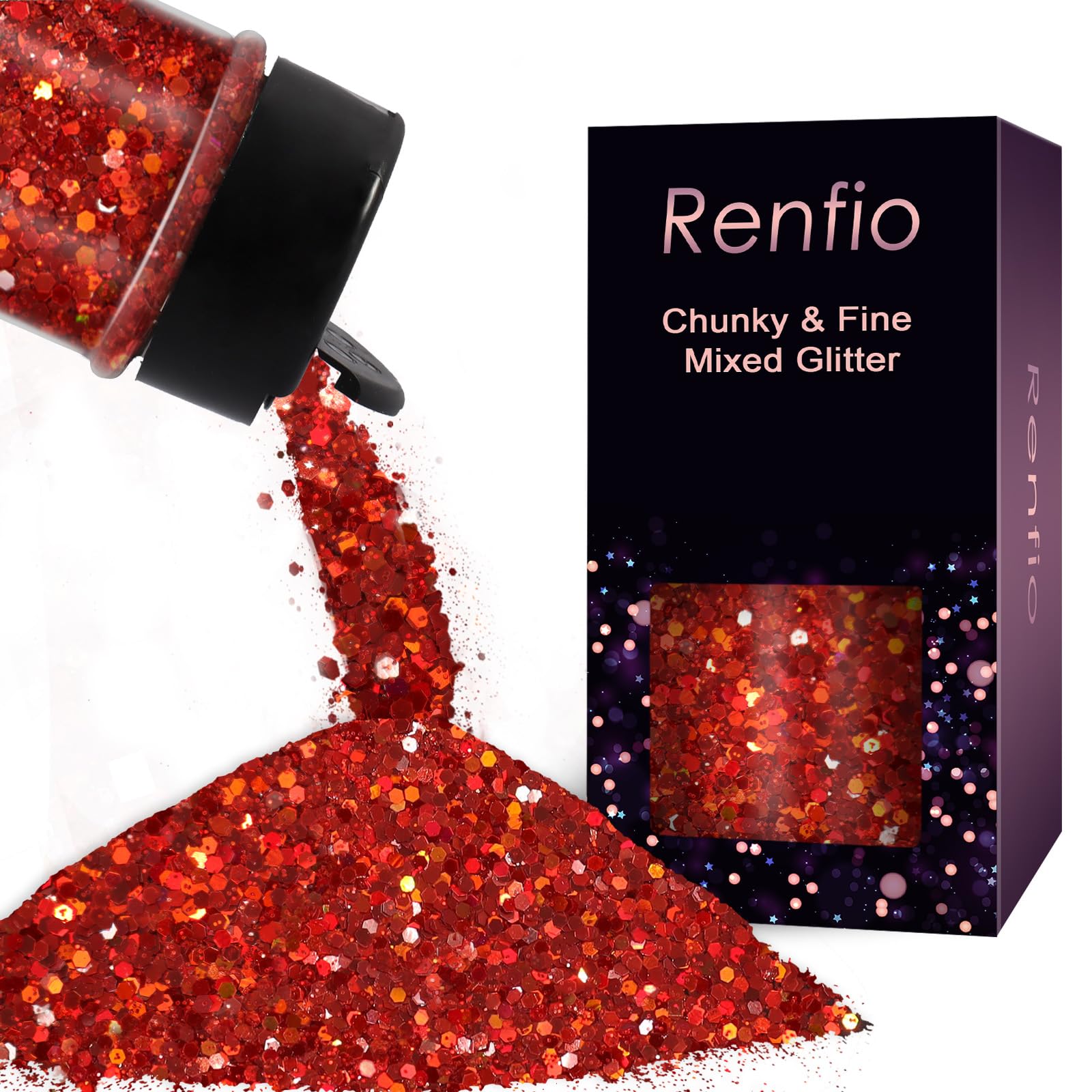 Renfio Holographic Glitter, 2.11oz/60g Medium Size Chunky Mix Ultra Fine for Crafts, Red Sequins, Valentines Resin, PET Flakes for Nail Art, Tumblers, Slime - Laser Red