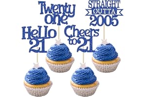 Ephlyn 24Pcs 21st Birthday Cupcake Toppers Glitter Straight Outta 2005 Cupcake Picks Hello 21 Cheers to 21 Years Cake Decorations for 21st Birthday Anniversary Party Decorations Supplies Blue
