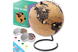 TWO DREAMERS Medium Cork Globe 9.4" Tall | Perfect Holiday Gift for Travelers | World Travel Map with Metallic, Colored & National Flags Pins | 3D World Map Pin Board for Home or Office | Push Pin Map