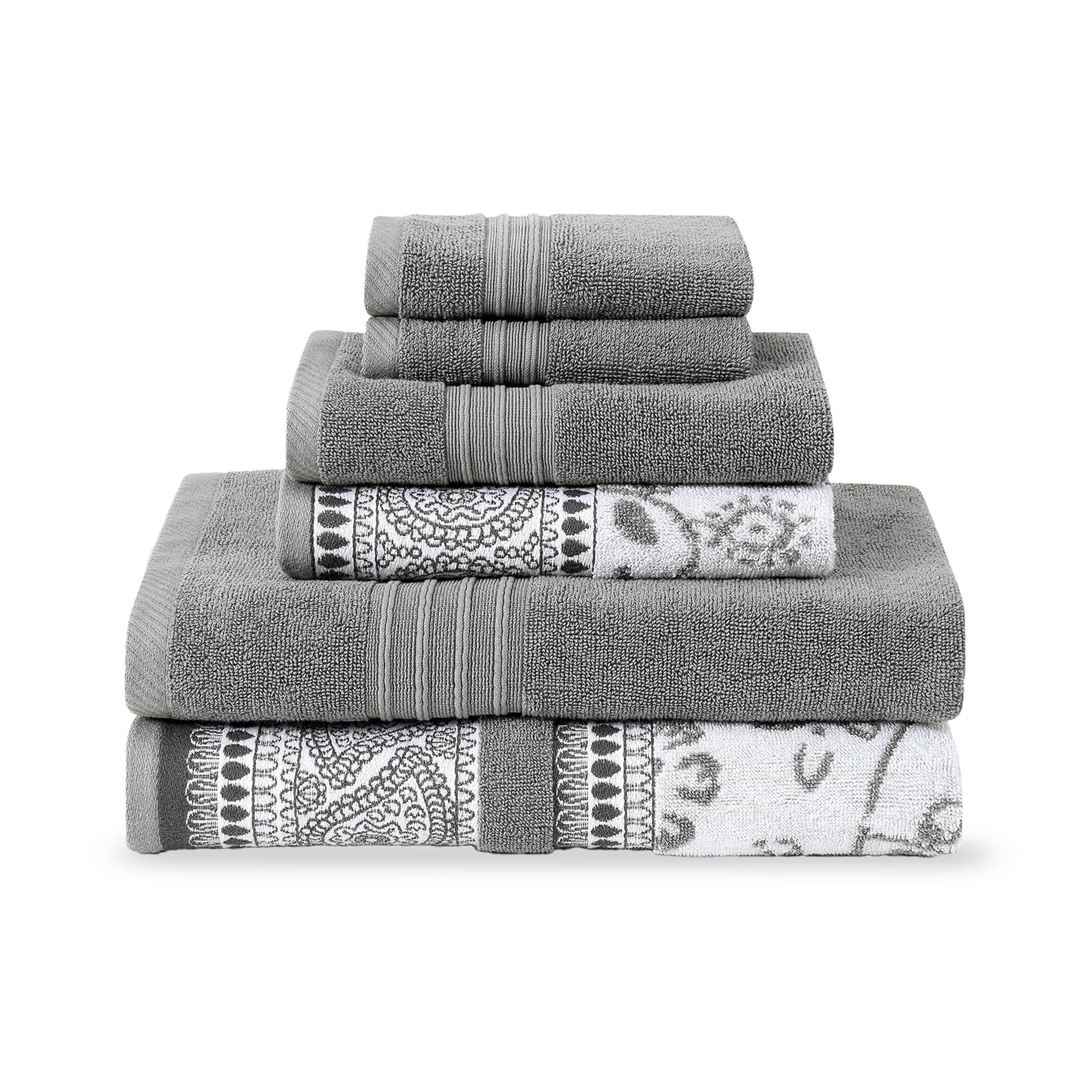 Modern Threads 6 Piece Set, 2 Bath Towels, 2 Hand Towels, 2 Washcloths Yarn Dyed Jacquard/Solid Towel Set Ophelia Stone Image