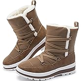 Rominz Women's Winter Snow Boots - Waterproof Black Fur Lined Warm Mid Calf Non-Slip Ankle Boots - White Lace-Up Platform