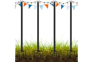 LAND·VOI Metal String Light Poles for Outside Hanging - Backyard, Garden, Patio, 4 Pack Lighting Stand with Adjustable Height for Outdoor Parties, Wedding, Extra-Long 5-Prong Claws, (10FT) FLP04B
