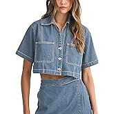POTILI Women's Denim Top, Short Sleeve Cropped Denim Jacket Button Down Casual Jean Jacket Shirt with Pocket
