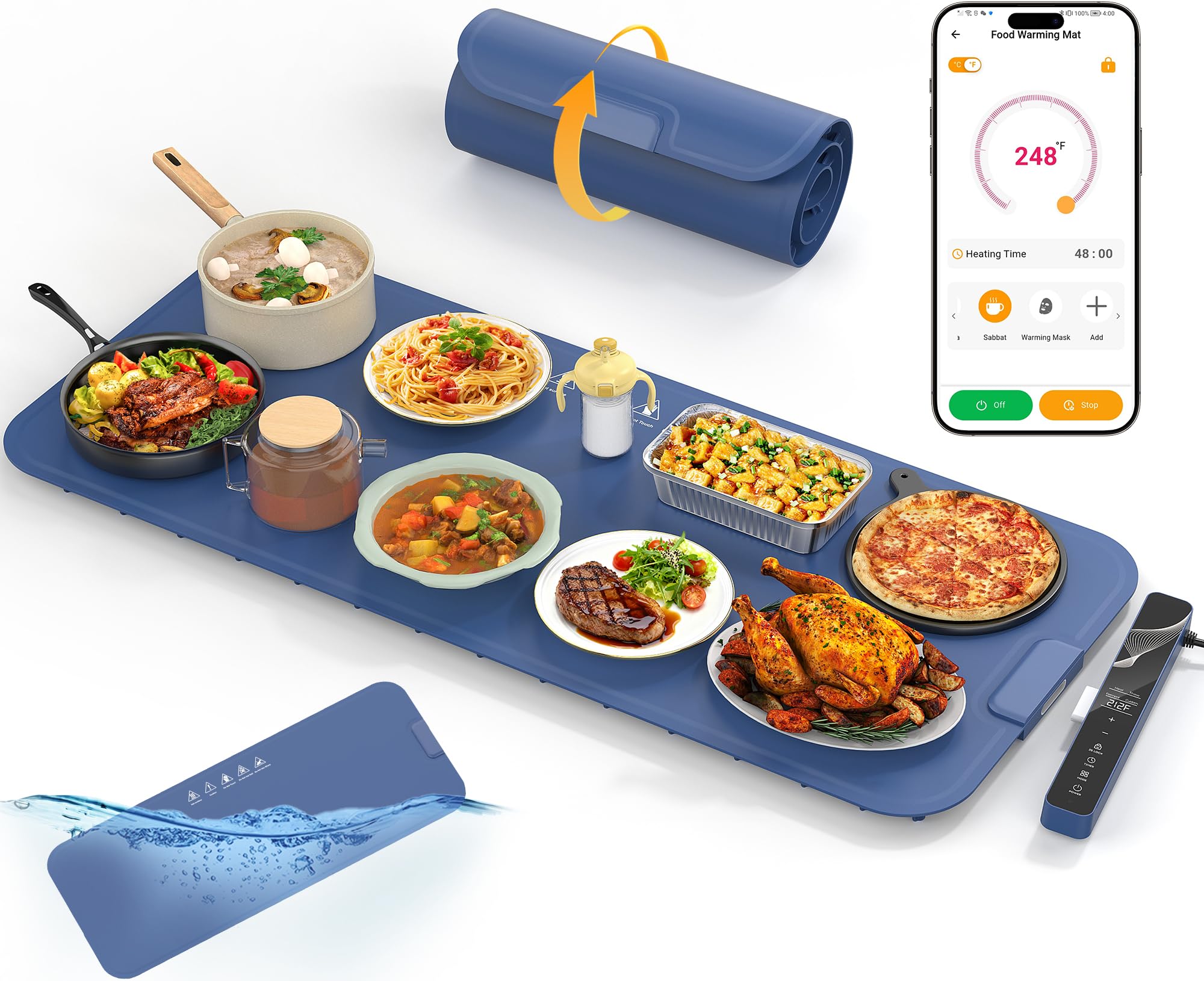 Photo 1 of Food Warming Mat Extra Large 37"x15" with APP Control, Electric Warming Tray Adjustable Temp 99 Hour Timer Dishwasher Safe, Warming Mat for Food, Roll Up Portable Food Warmers for Parties Buffet