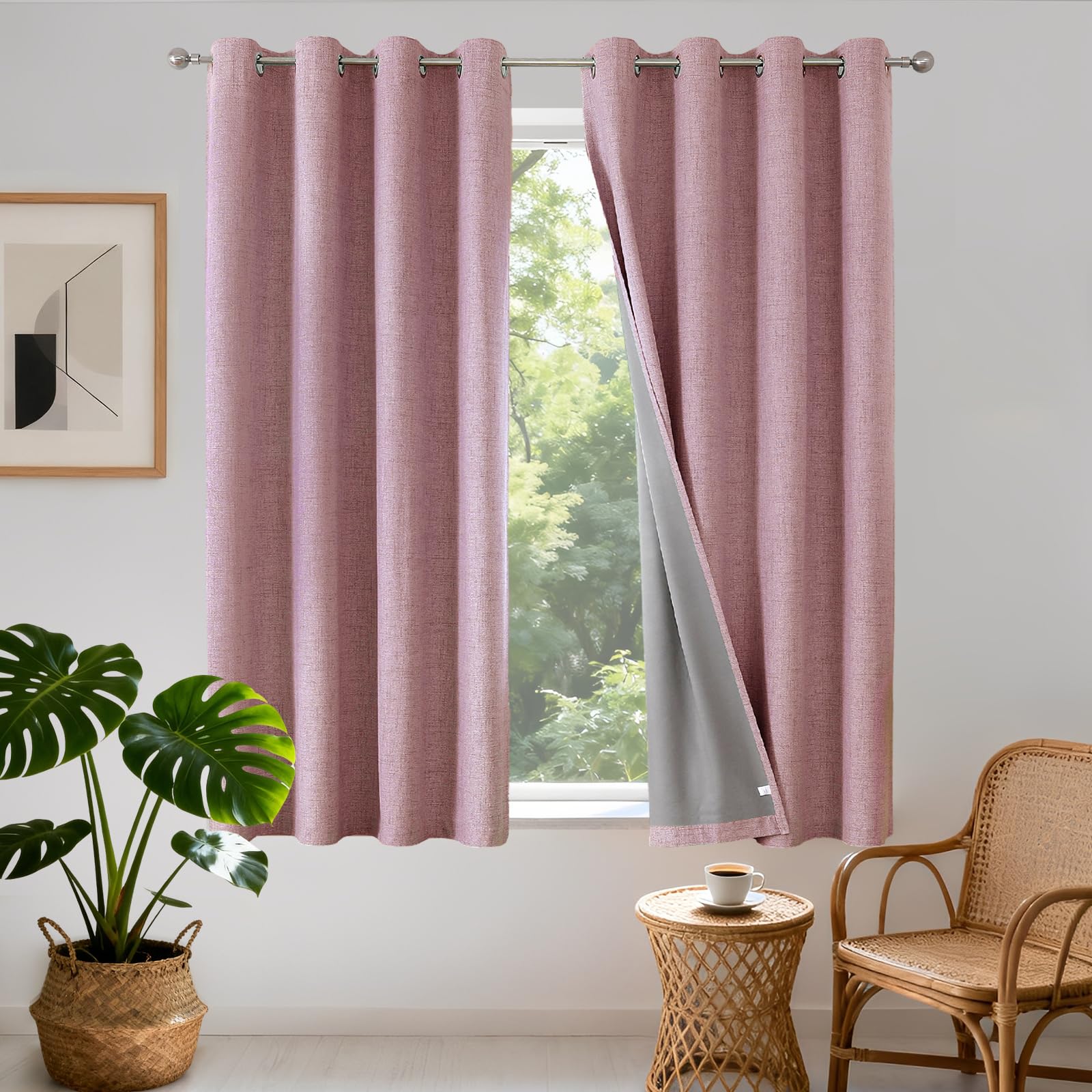 Joydeco 100% Blackout Lined Curtains W46 x L54 Inch Drop, Linen Look Textured Thermal Insulated Eyelet Short Pink Curtains with Coating Back Layer for Girls Room Decoration - 2 Panels