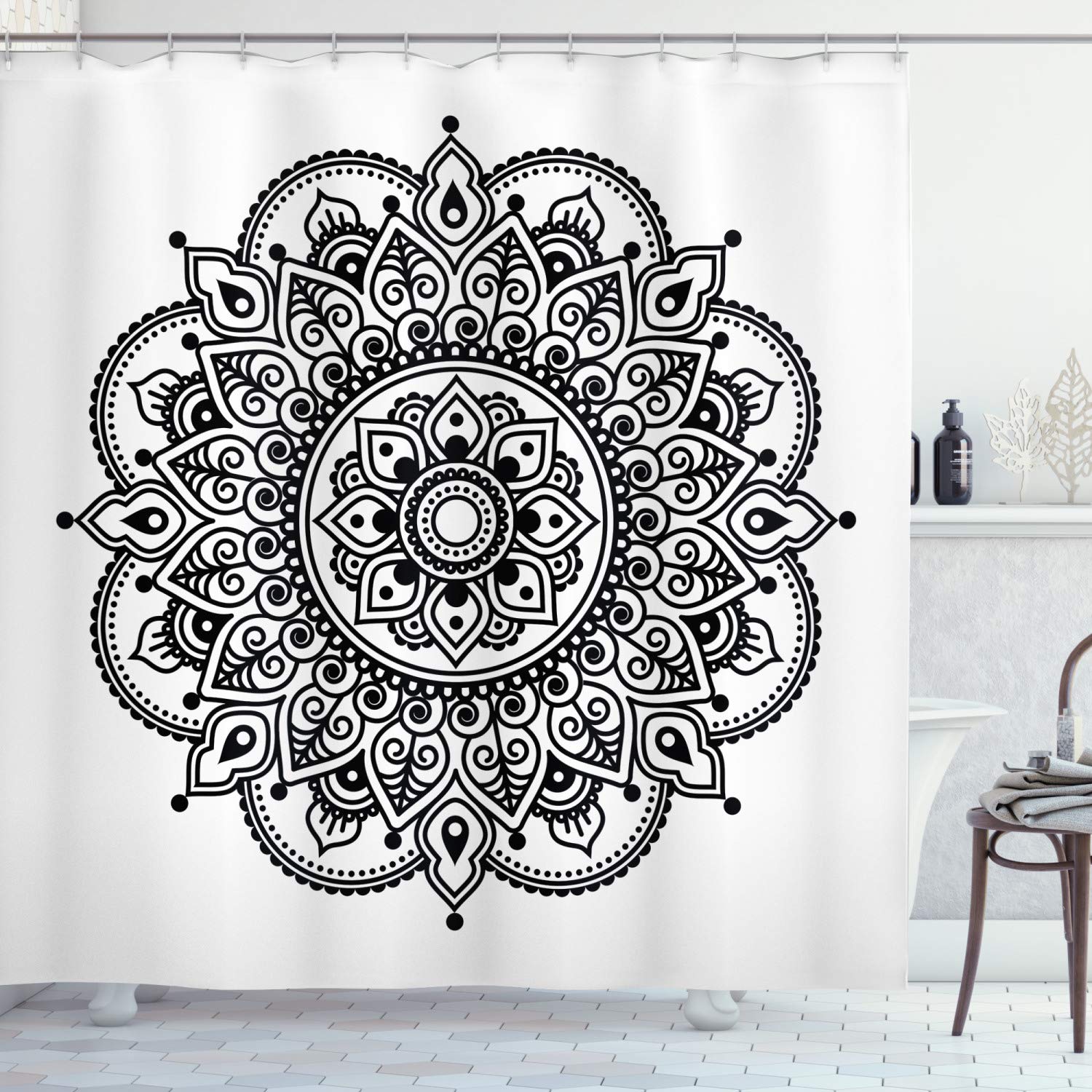 ABAKUHAUS Folk Shower Curtain, Symmetrical Flower Pattern Inspired Monochrome Mandala Design, Cloth Fabric Bathroom Decor Set with Hooks, 86 Inches Extra Long, White Black โ image 1