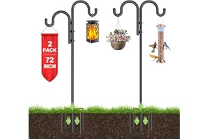 PELUOMOZ 2PCS 76 in Double Shepherds Hooks Two Sided Adjustable Bird Feeder Pole 5 Prongs Base, Heavy Duty Hook Stand for Hanging Basket, Lantern, Lights Wedding Decor