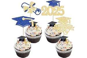 Gyufise 24Pcs 2025 Graduation Theme Cupcake Toppers Glitter Class of 2025 Graduation Cap Diploma Cupcake Picks for 2025 Graduation Theme Party Cake Decorations Supplies Blue Gold
