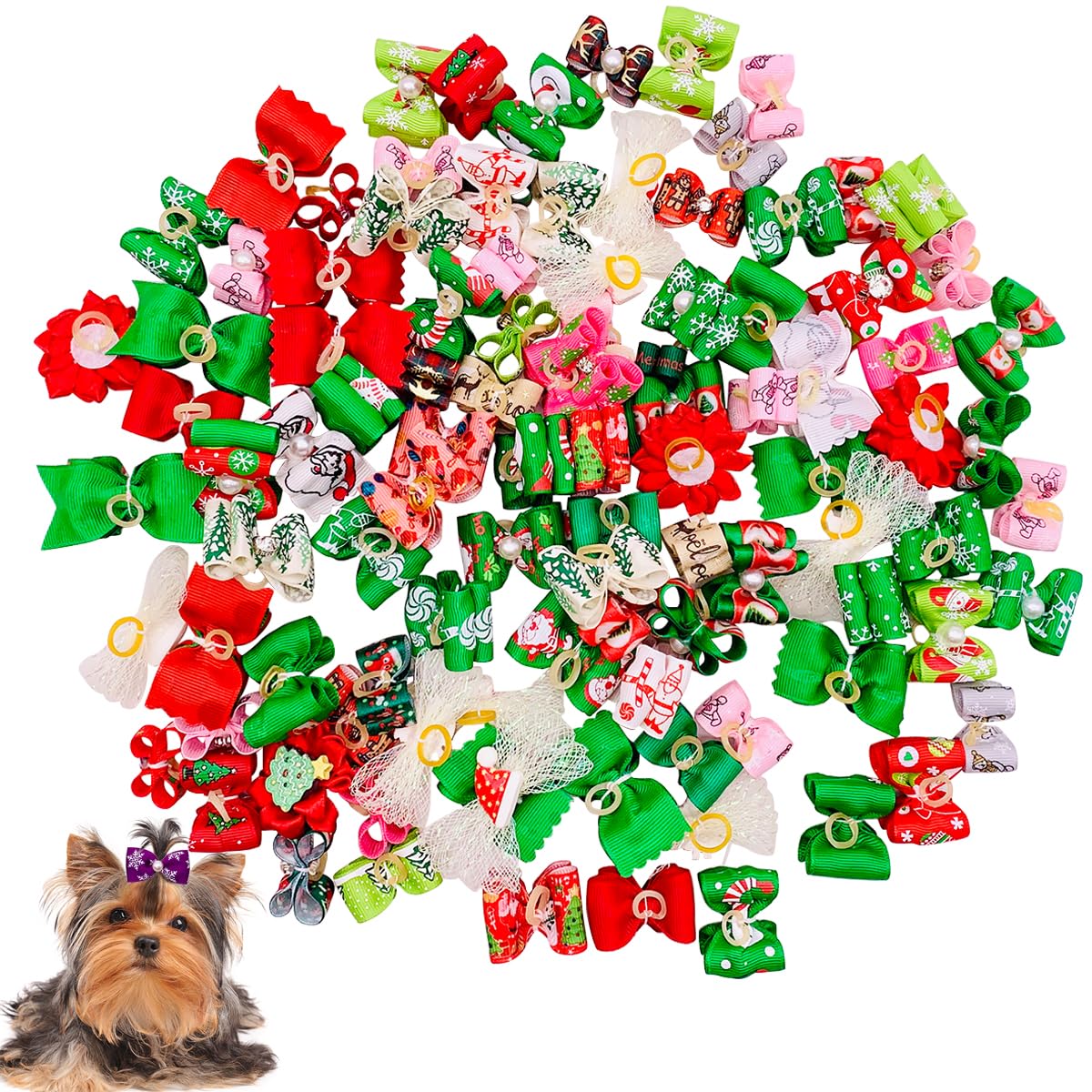 JpGdn 100Pcs Christmas Small Dogs Hair Bows Xmas Puppy Hair Bow Ties with Christmas Tree Santa Claus Snowman Rhinestone for Medium Doggie Cat Pet Hair Flowers Bowknot Festival Grooming Accessories