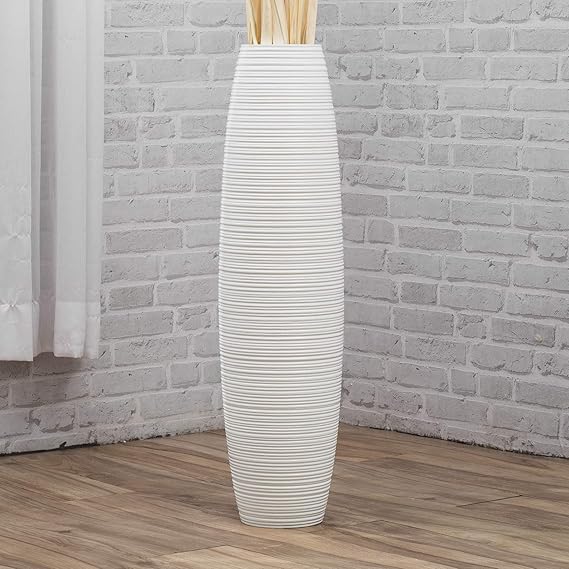 Leewadee Tall Big Floor Standing Vase for Home Decor 36 inches, Mango Wood, White