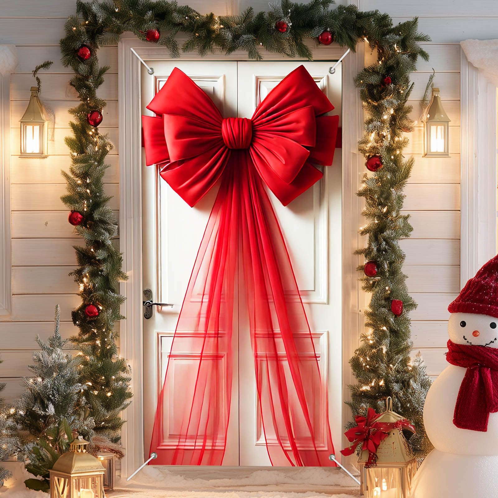 Photo 1 of ++7 PACK++IVN Merry Christmas Door Cover 71x35 Inch Holiday Front Porch Door Banners Decoration Winter Big Red Bow Tulle Ribbon Draped Style for Sign Background Holiday Party Indoor Outdoor Christmas Decor