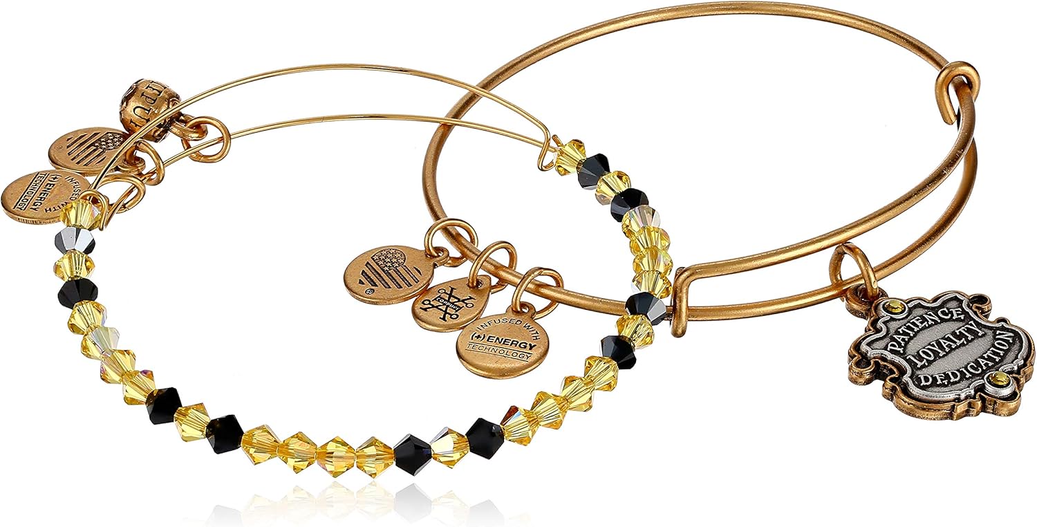 Amazon Com Alex And Ani Women S Harry Potter Hufflepuff Motto Set Of 2 Two Tone Bracelet Rafaelian Gold Expandable Jewelry