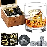 50th Birthday Gifts for Men - Vintage Whiskey Glass Set, 50th Birthday Decorations for Men Gift Ideas for Him, Husband, 50 Year Old Man - Wood Box & Whiskey Stones & Coaster & Anniversary Card