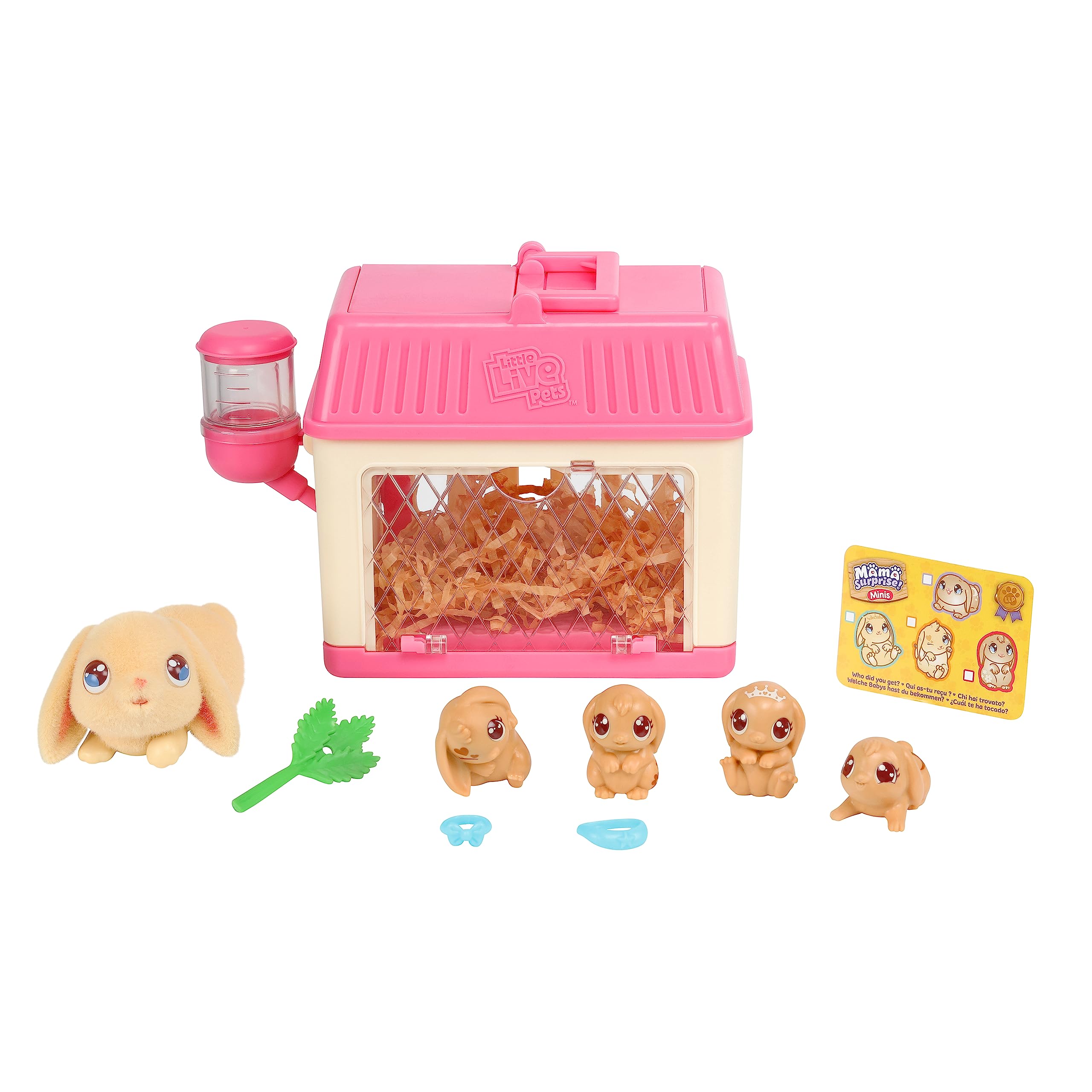 Little Live Pets - Mama Surprise Minis, Feed and nurture a Lil' Bunny Inside their Hutch so she can be a Mama, She has 2, 3, or 4 Babies with Surprise Accessories to Dress Up the Babies,