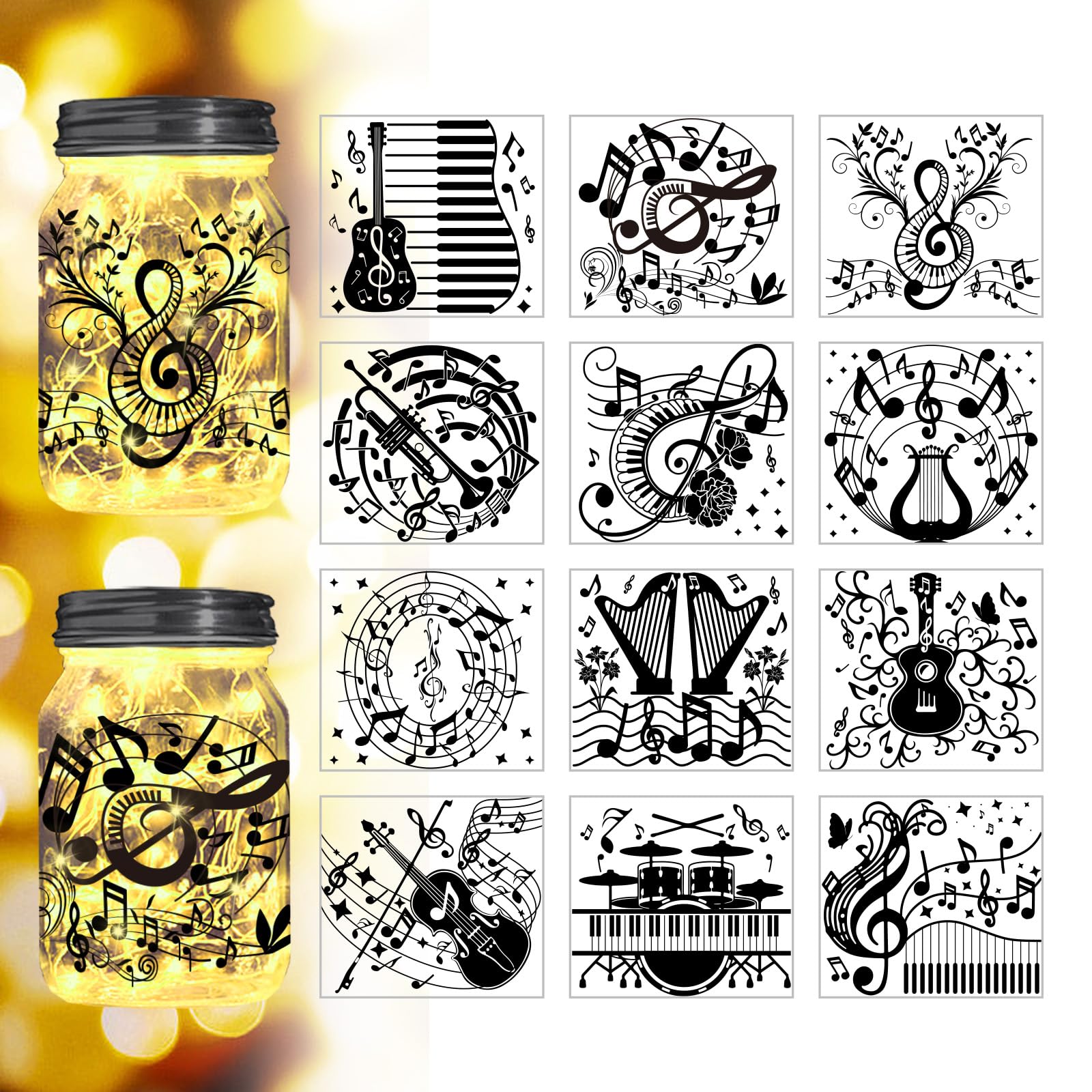 Peacoblue Music Silhouette Cutouts for Jars, Window, Glass, Wishing Bottle Decor(No Stickers), 12Pcs Reusable Silhouette for Lantern DIY Craft Kit Jar Decals Art Mural Home Garden Party Decor