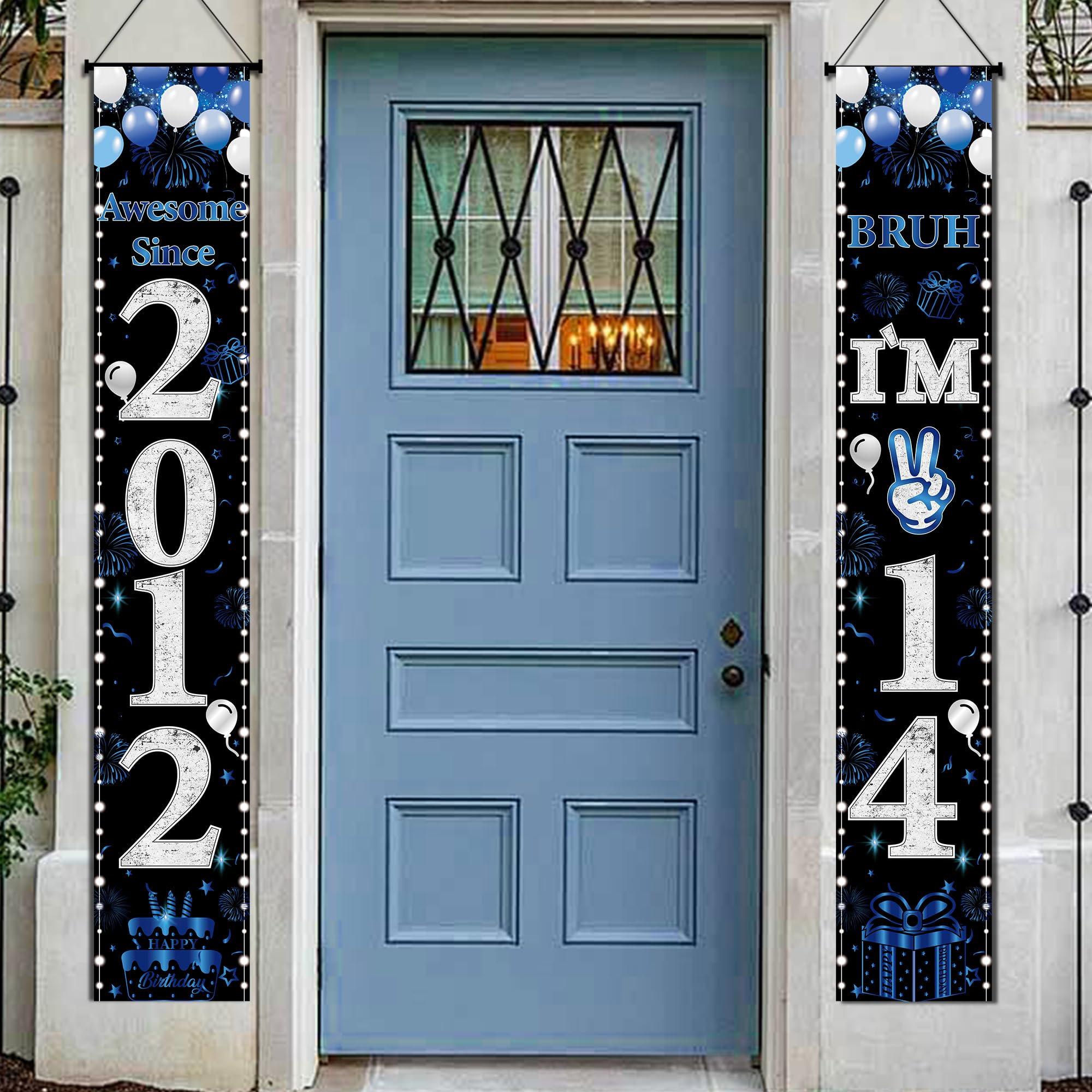 14th Birthday Decorations Door Banner - 2 Pcs Blue Awesome Since 2012 Bruh I'm 14 Happy Birthday Party Banners Porch Sign for Teenager Girls Boys Party Background Decor Supplies, 180 × 30 cm