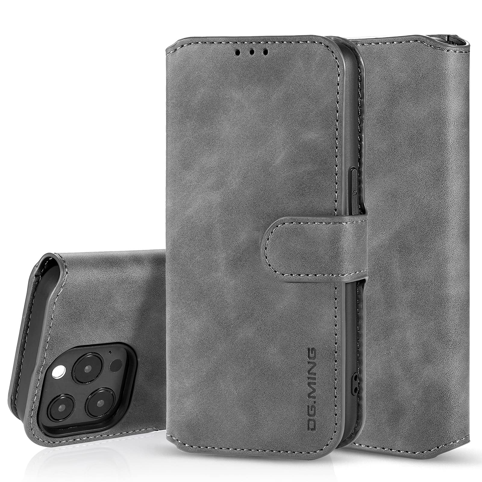 UEEBAI Case for iPhone13 Pro Max 6.7 inch, Luxury PU Leather Case Vintage Wallet Flip Cover TPU Inner Shell [Card Slots] Magnetic Closure Stand Function Folio Shockproof Full Protection - Grey