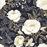 Laatse Vintage Navy Gold Large Floral Peel and Stick Wallpaper 17.5"x393" | Self Adhesive/Removable/Waterproof/Thick Vinyl Contact Paper for Bathroom Bedroom Shelf Cabinet Drawer,Prepasted,Easy Peel