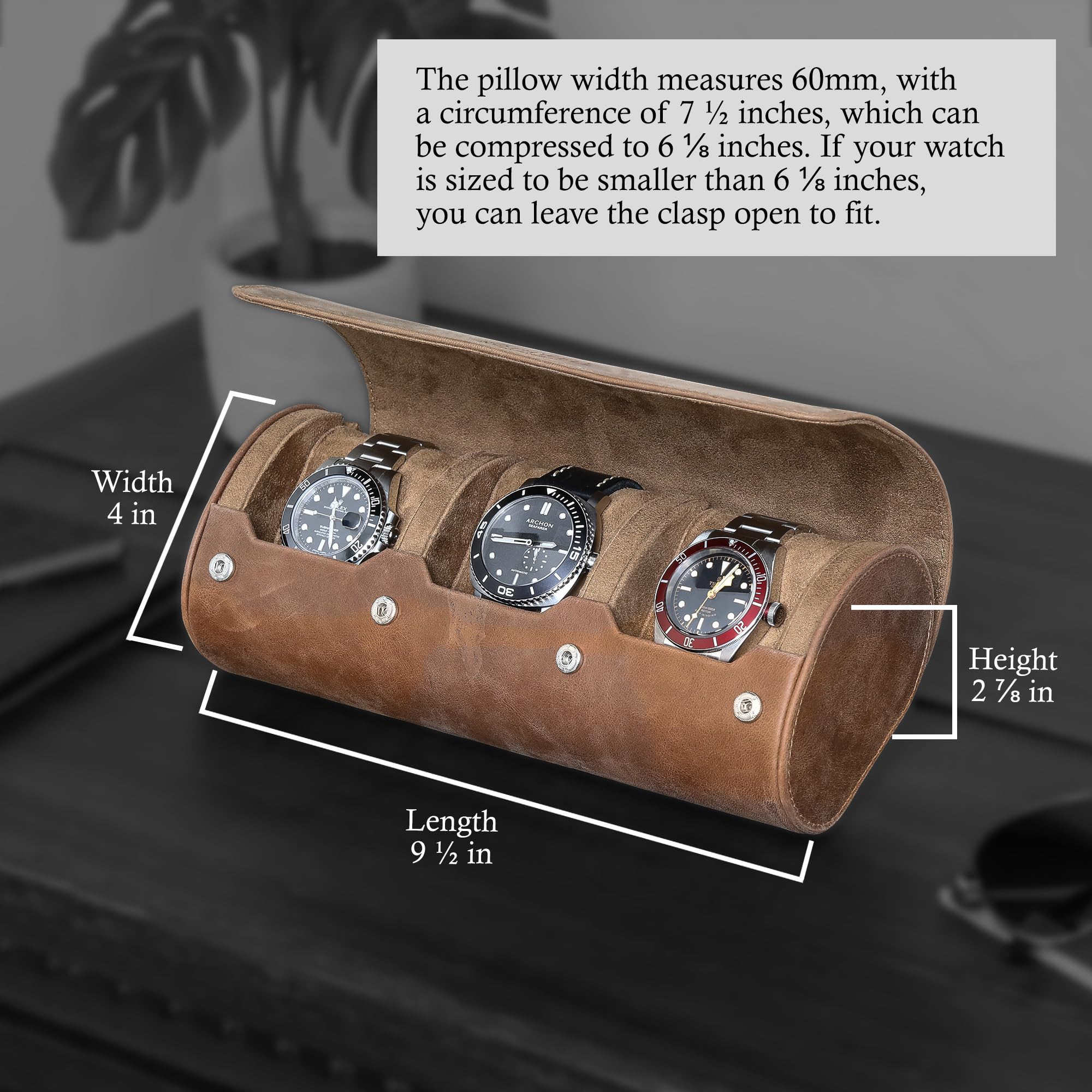 ROTHWELL Watch Roll Travel Case for 3 Watches | 100% Real Leather, Tough Portable Protection, Fits All Wrist Watch & Smart Watches Up to 50mm (Tan/Tan)