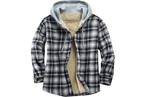 Derbars Men's Cotton Plaid Shirts Jacket Fleece Lined Flannel Shirts Sherpa Button Down Jackets with Hood for Men