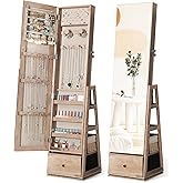 Nicetree 360°Swivel Jewelry Cabinet, Rotatable Full Length Mirror with Jewelry Storage, Standing Jewelry Armoire Organizer, Lockable Jewelry Organizer with 3 Rear Shelves, Bottom Drawer, Toasted Oak