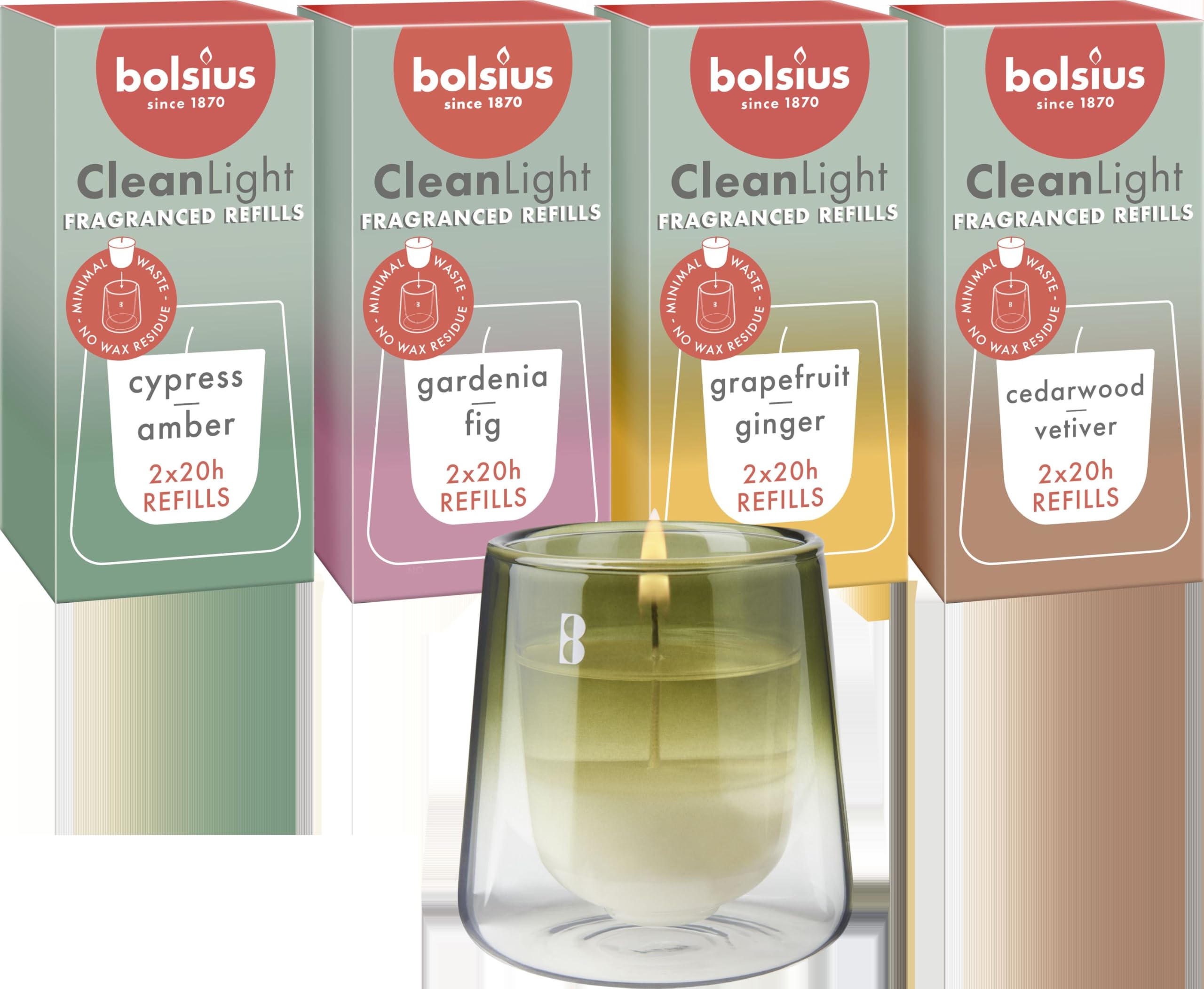 Bolsius - CleanLight Starter Set - Refillable Scented Candle - Holder & 9 Refills - Multiple Fragrances - Green - Burning Time of 20 Hours - Natural Extracts & Vegan Wax - No Palm Oil โ image 1