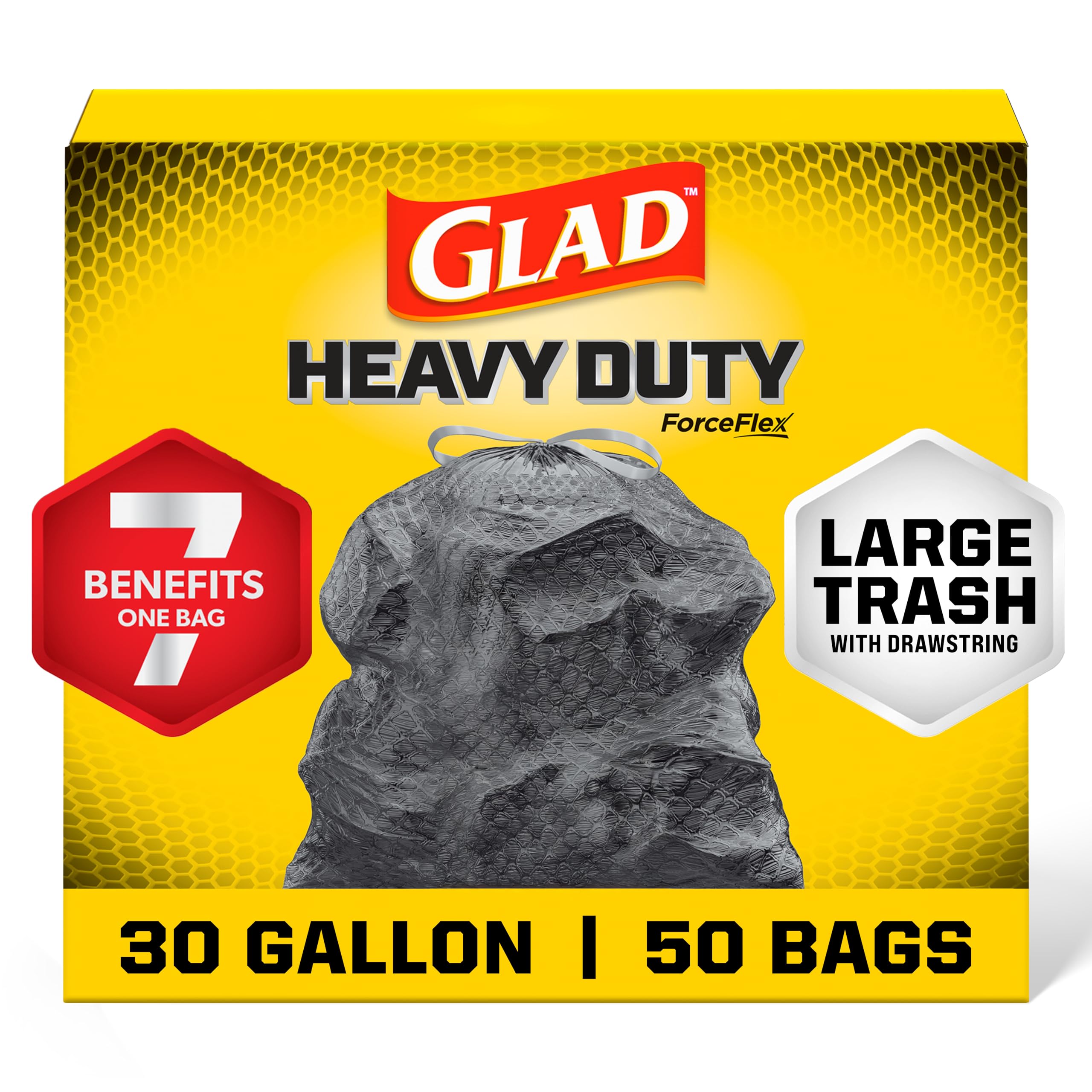Photo 1 of ***USED-OPEND BOX -SELLING AS IS*** Glad Large 30 Gallon Trash Bags, Unscented Heavy Duty Garbage Bags, Forceflex with Drawstring, 50 Count (Packaging May Vary)