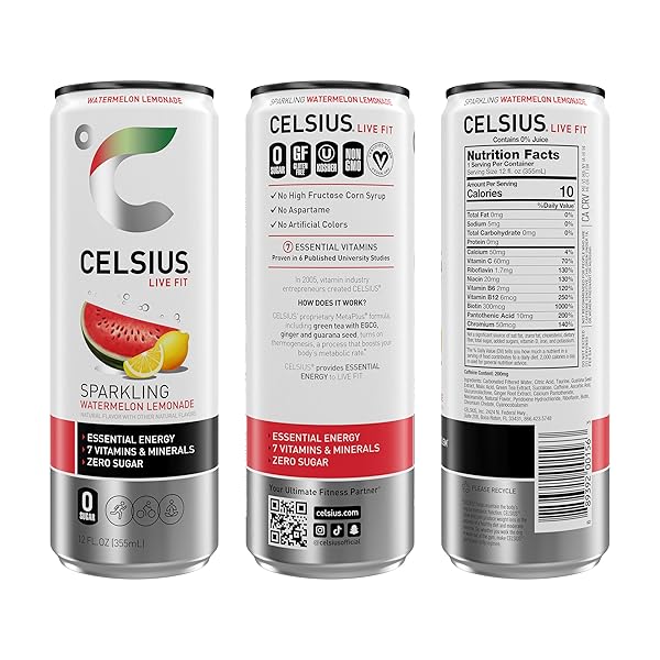 CELSIUS SPARKLING WATERMELON LEMONADE, SUGAR FREE ENERGY DRINK, 12 FL OZ (PACK OF 12)