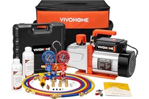 VIVOHOME VG Series AC Vacuum Pump and Gauge Set, 1/2 HP 5CFM 2 Stage HVAC Vacuum Pump and 3 Way Manifold Gauge Kit with 5ft Hoses for R134a R12 R22 R502 R410a Auto HVAC Systems Commercial Use