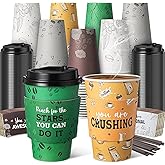 Ziliny 100 Sets 12 oz Disposable Coffee Cups with Lids, Sleeves, Straws, Motivational to Go Paper Cups for Hot & Cold Drinks Chocolate Cocoa Beverage Home Coffee Shop Office, 5 Styles