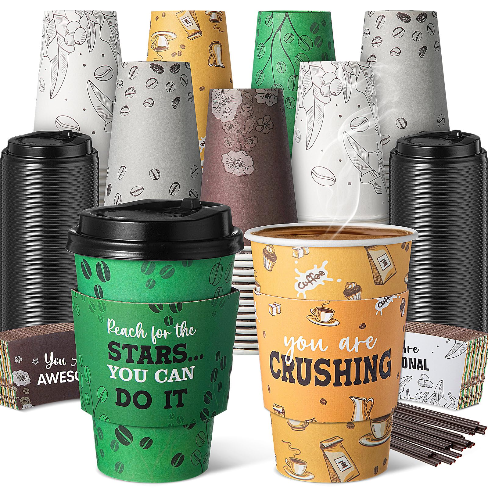 Photo 1 of Ziliny 100 Sets 12 oz Disposable Coffee Cups with Lids and Straws Motivational Paper Cup Sleeves for Hot & Cold Drinks Chocolate Cocoa Beverage Café Shop Office, 5 Styles