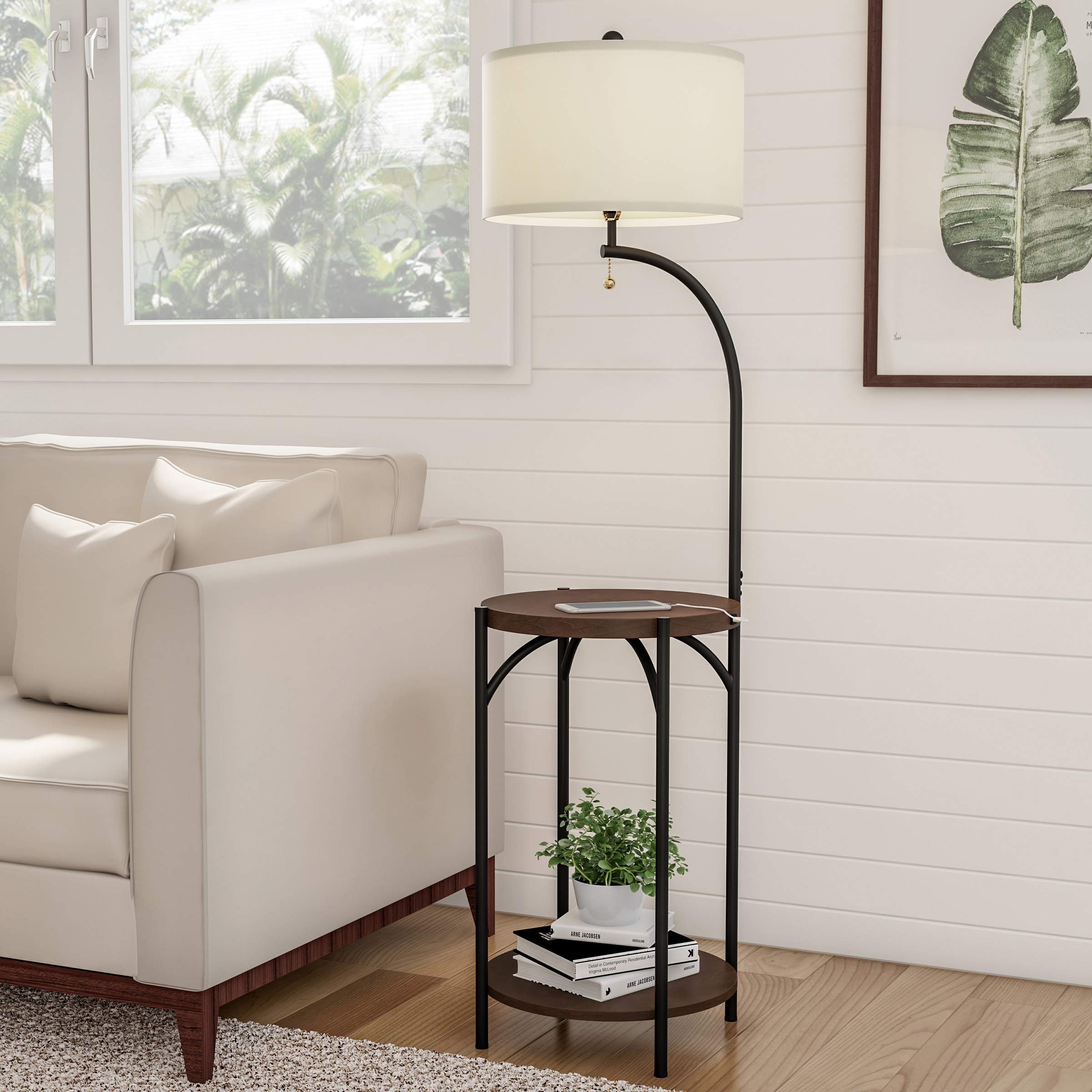 lavish home a1000b2 floor lamp end modern rustic side table with drum shaped shade, led light bulb included, usb charging port and storage shelf, various