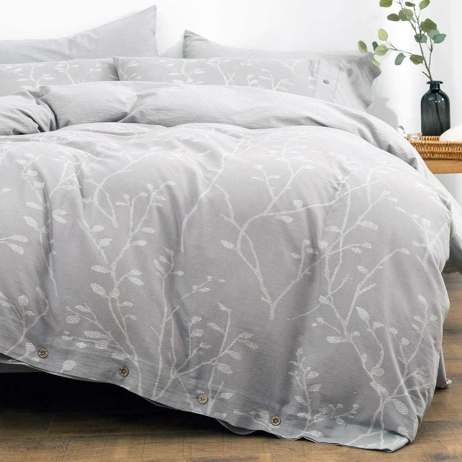 Duvet Cover Set King Size Washed Cotton Yarn, Jacquard Gray and White Thick Branch Pattern Floral Style 3Piece Bedding Set