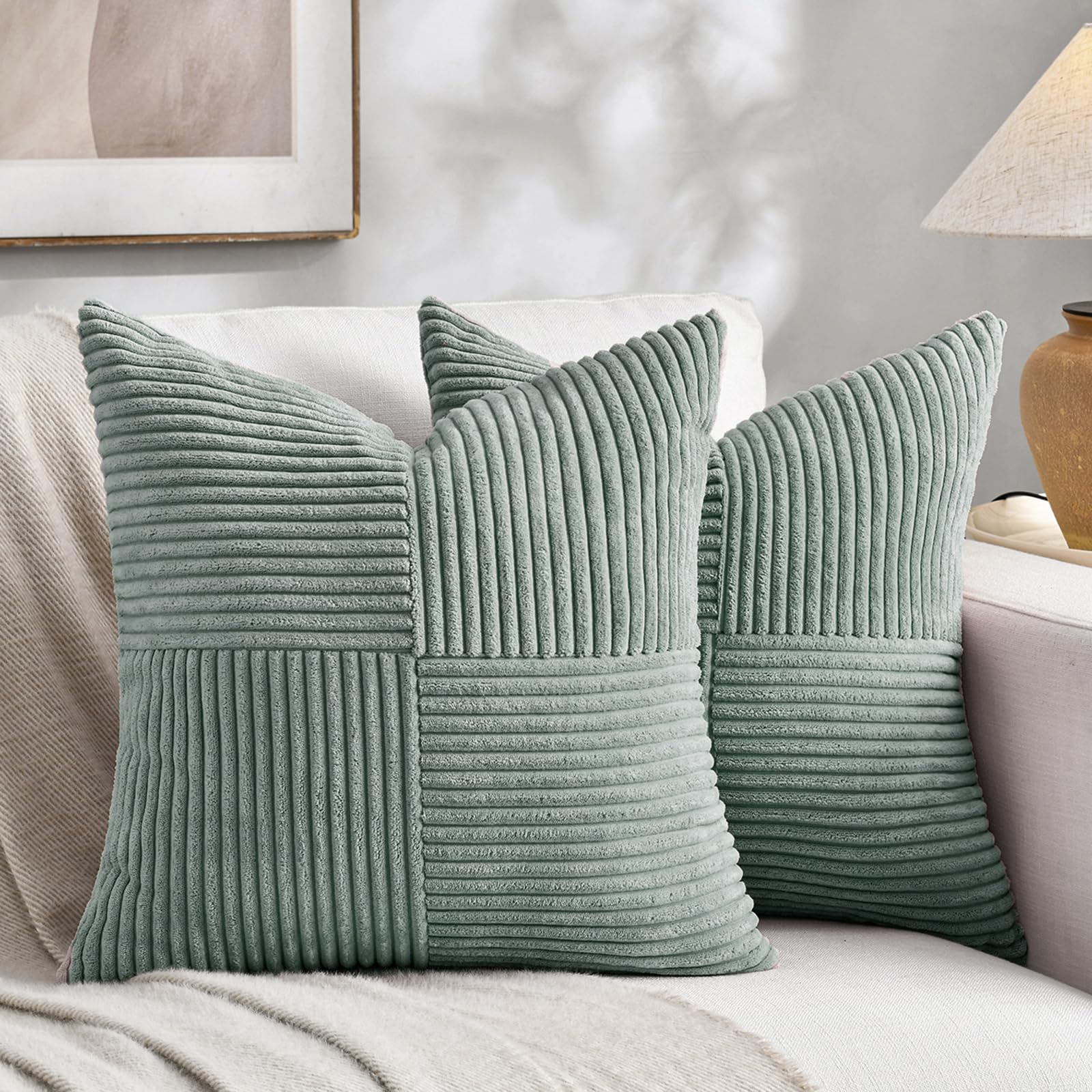 Photo 1 of *COVERS ONLY* Fancy Homi 2 Packs Grey Blue Decorative Throw Pillow Covers 18x18 Inch for Couch Bed Sofa, Rustic Boho Farmhouse Home Decor, Soft Corss Corduroy Patchwork Textured Square Cushion Case 45x45 cm
