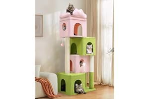 Globlazer FC61 Cat Condos for Indoor Cats Large Adult Cat Tree 61-inch Cat Climbing Tower with 4 Cat Condos Cat Climbers for Indoor Large Cats, Pink Green